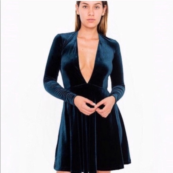 american apparel | green blue deep v-neck velvet dress - Picture 2 of 7